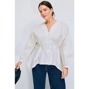 Natori White Cotton Poplin Blouse Size 10 Missing Buttons & Stains